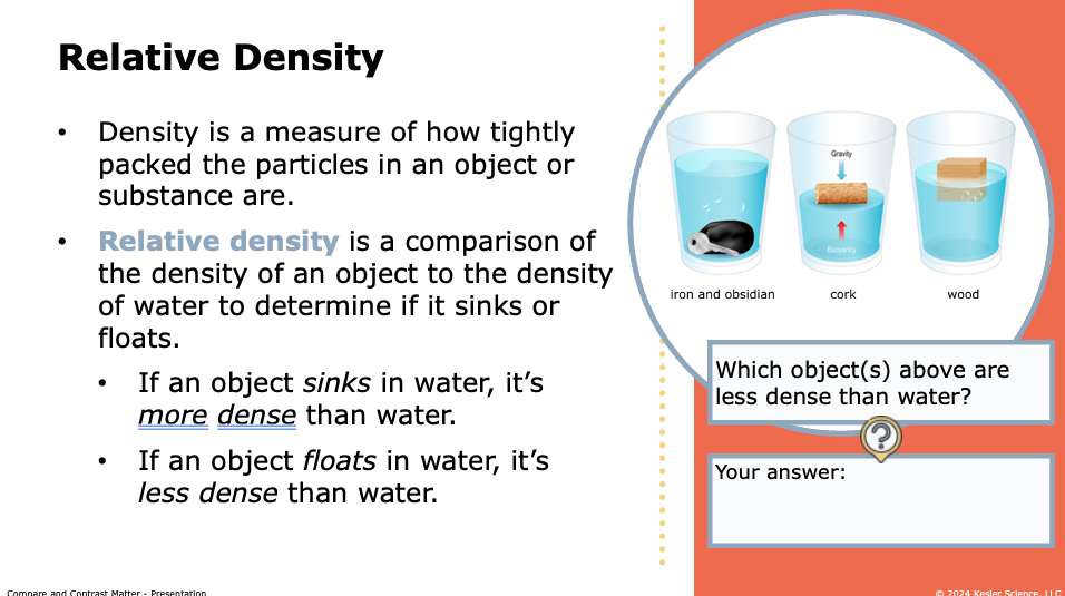 relative density compared by showing iron, cork, and wood sinking or floating in water