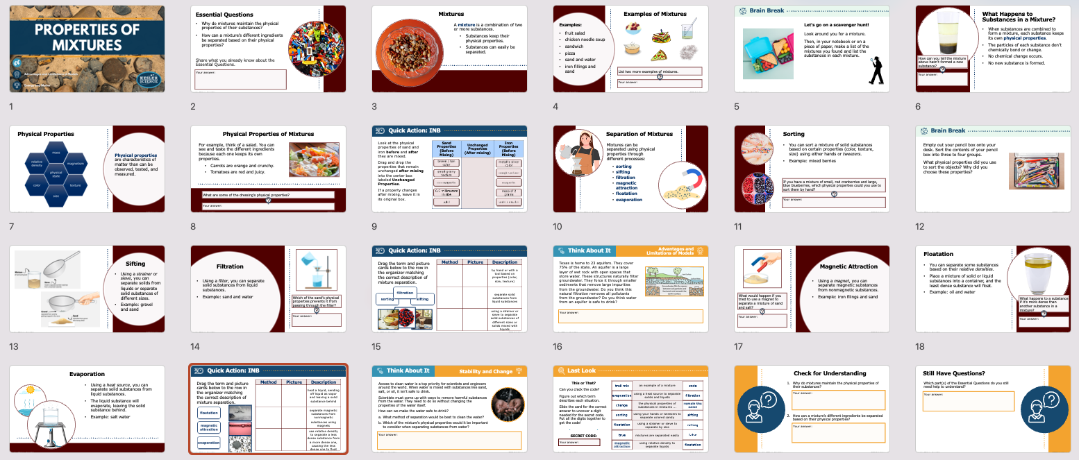 overview of properties of mixtures lesson slides covering separation methods and physical properties