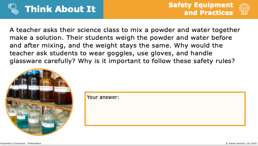 Think About It prompt: explain why safety equipment matters when mixing powders and water in lab