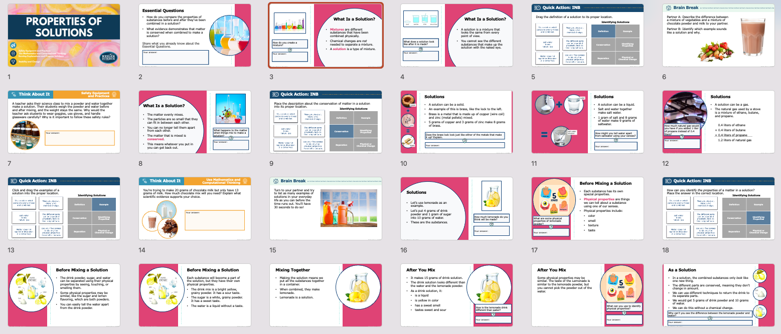 overview of properties of solutions lesson slides covering mixtures, solutes, and solvents