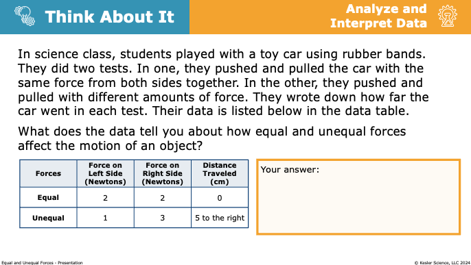 Think About It data table analyzing equal and unequal forces on a toy car