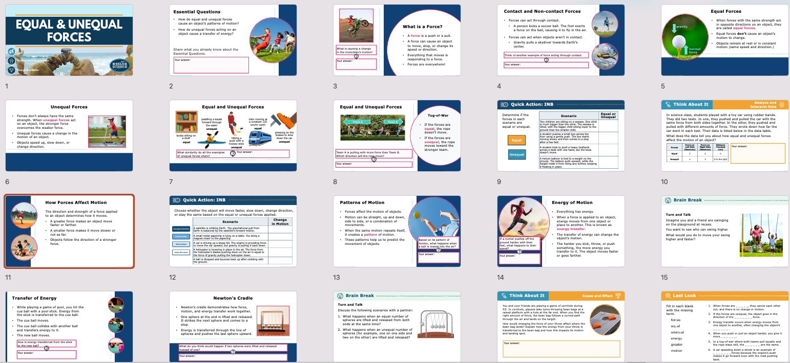 overview of equal and unequal forces lesson slides covering force direction and motion