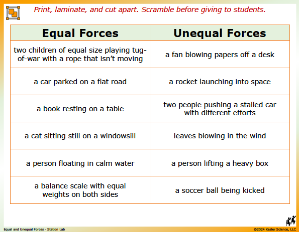 Output station card from the equal and unequal forces Station Lab