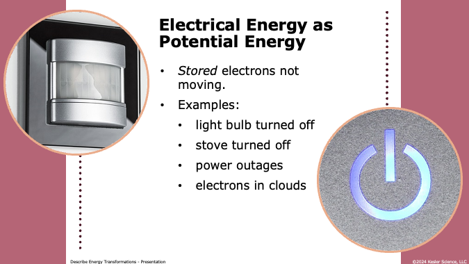 electrical energy as stored potential energy with examples like a turned-off light bulb