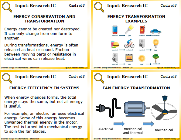 Input station card from the describe energy transformations Station Lab