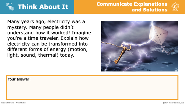 think about it prompt explaining how electricity transforms into motion, light, sound, and thermal energy