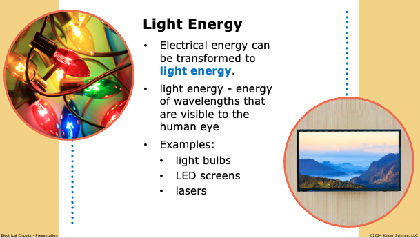 light energy as electrical energy transformed into visible wavelengths in bulbs, LED screens, and lasers