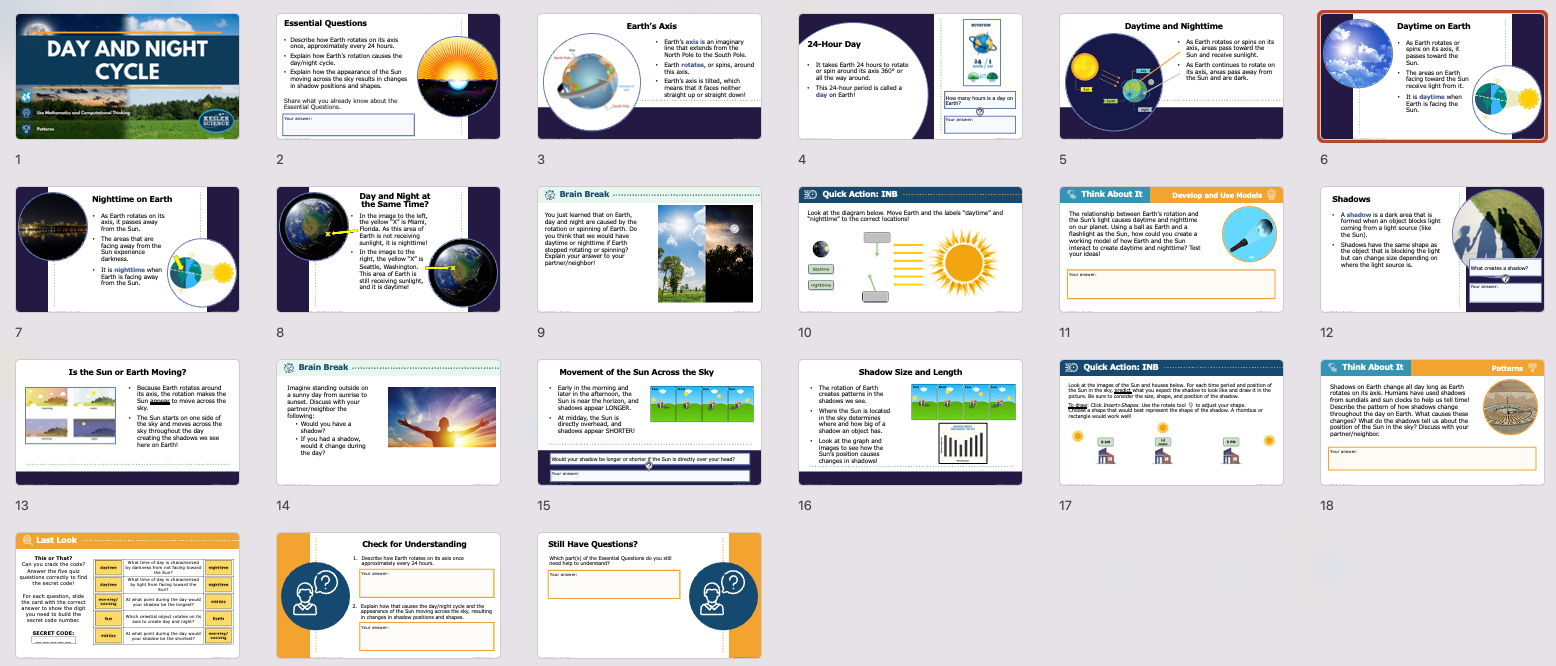 presentation overview slides for the day and night cycle lesson