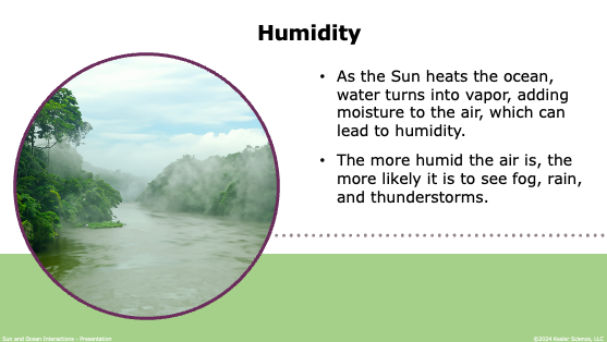 how the sun heats the ocean to create humidity, fog, rain, and thunderstorms