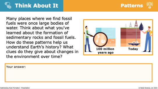 Think About It prompt connecting sedimentary rocks and fossil fuels to Earth history