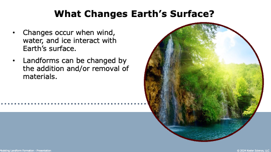what changes Earths surface explained by wind, water, and ice adding or removing materials to form landforms