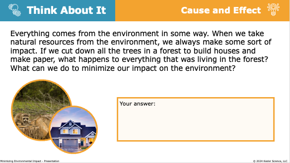 think about it activity examining cause and effect of deforestation and ways to minimize environmental impact