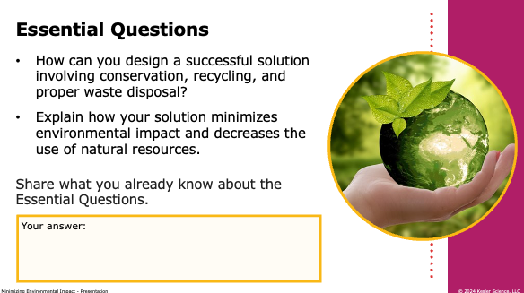 essential questions on designing solutions involving conservation, recycling, and waste disposal to minimize environmental impact