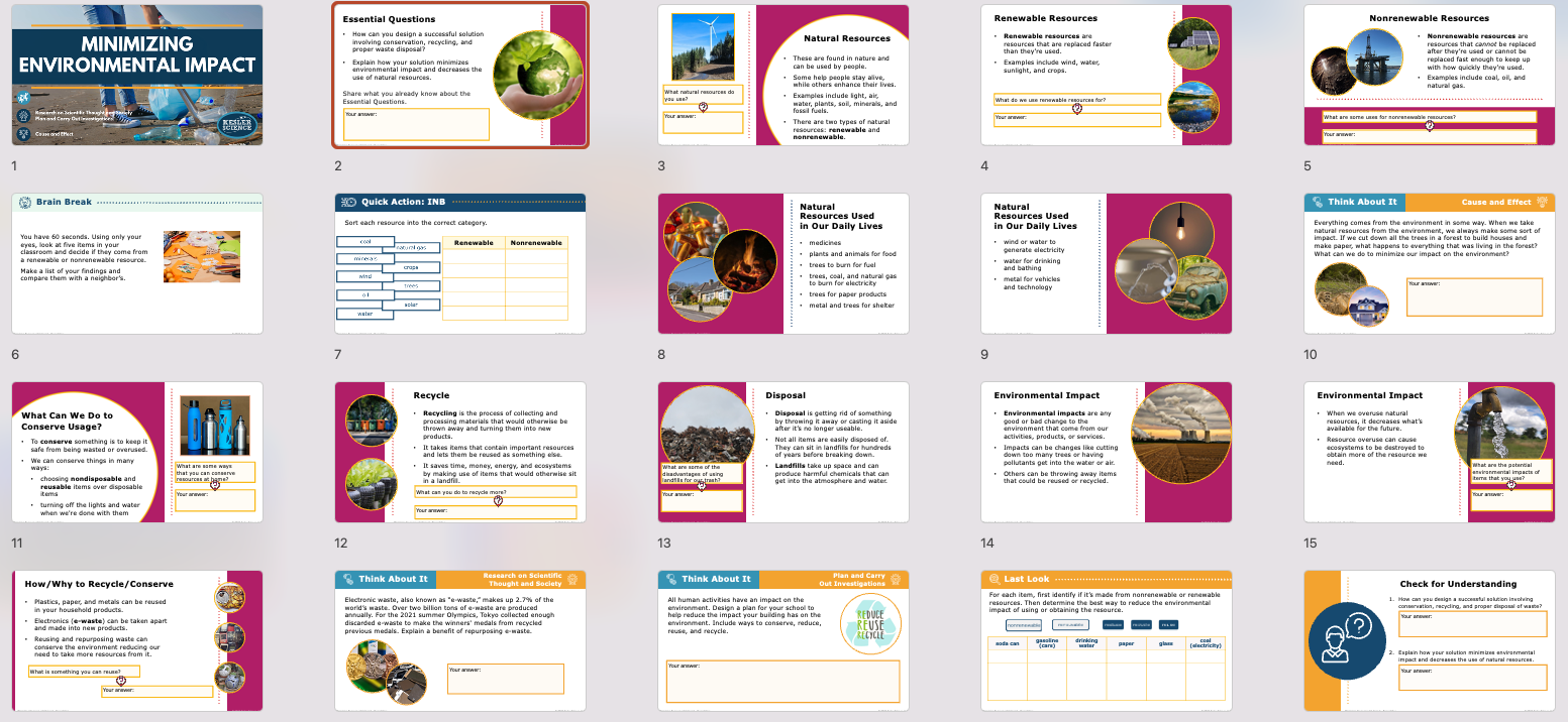 minimizing environmental impact lesson presentation overview with title slide and content slides