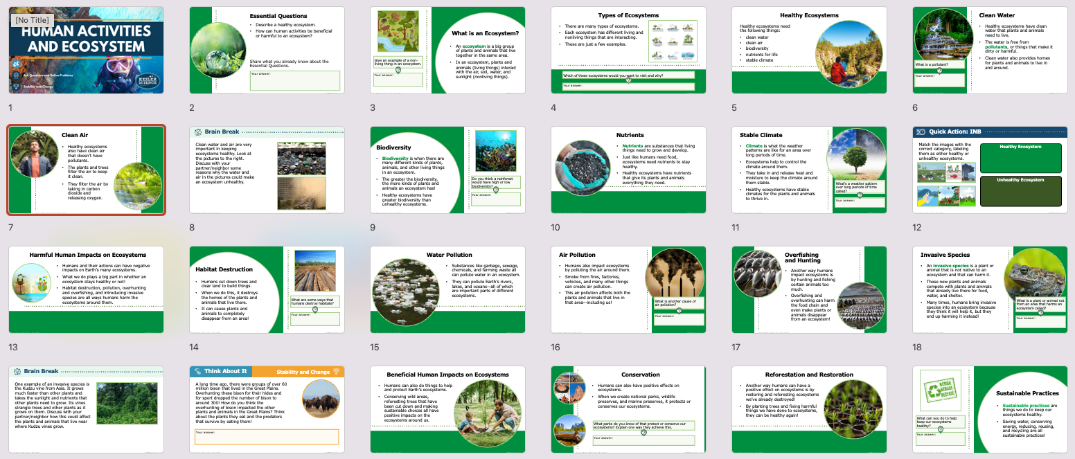 overview of human activities and ecosystems lesson slides covering pollution, conservation, and biodiversity