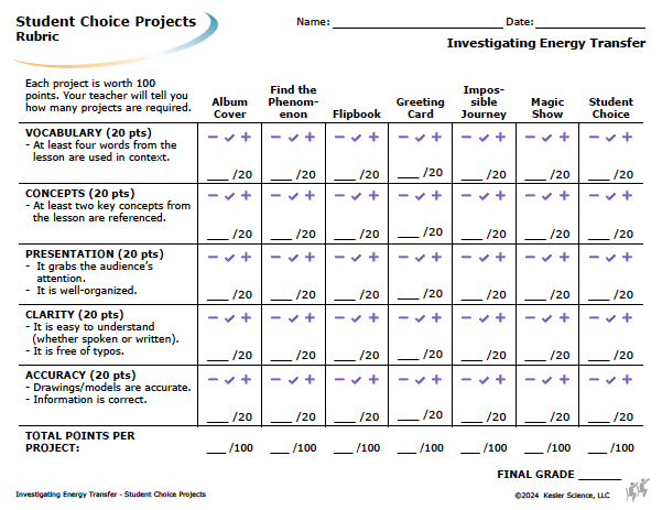 Student choice project options and rubric for the investigating energy transfer lesson