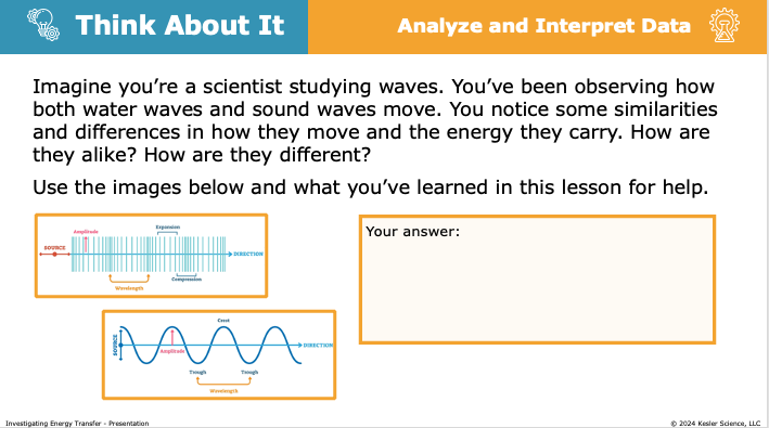 think about it activity comparing water waves and sound waves with amplitude and wavelength diagrams
