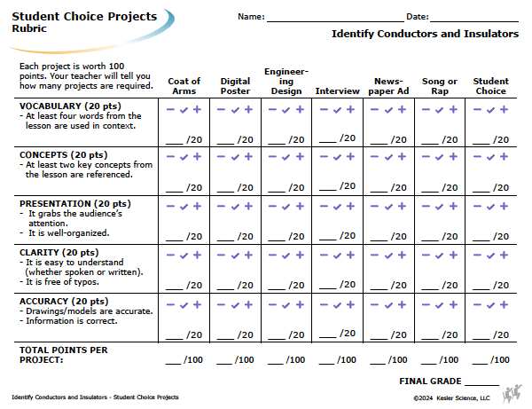 Student choice project options and rubric for the conductors and insulators lesson