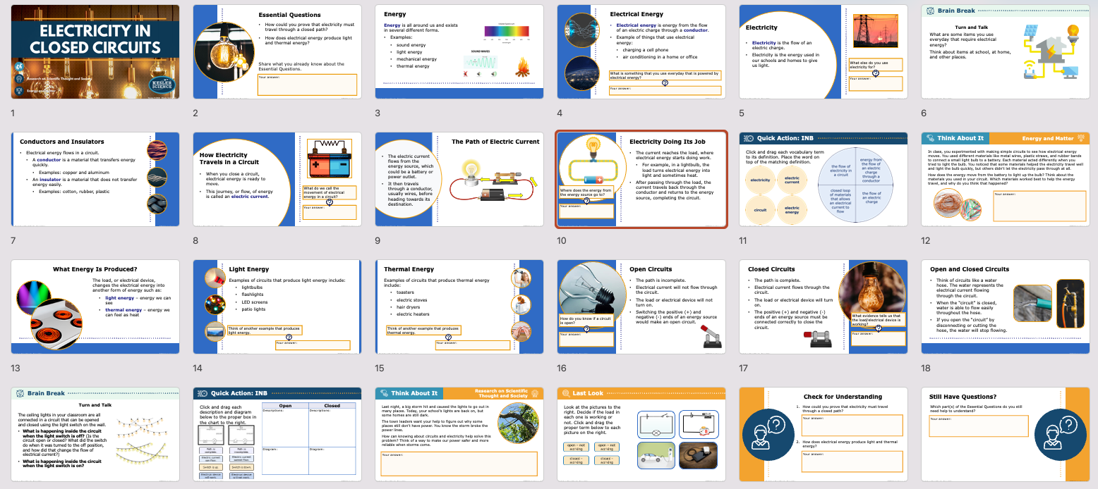 presentation overview slides for the electricity in closed circuits lesson