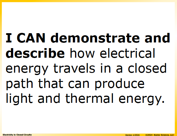 I CAN statement and key vocabulary for the electricity in closed circuits lesson