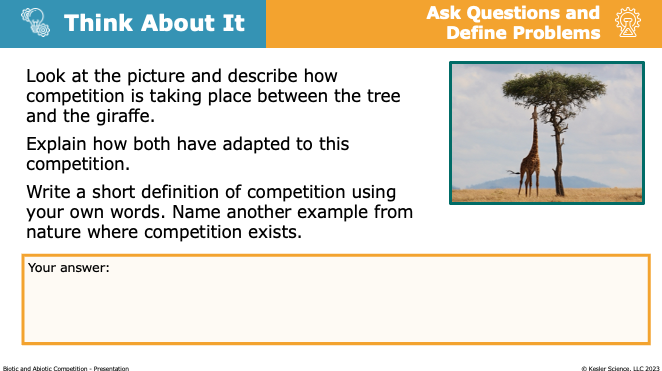 Think About It prompt analyzing competition and adaptation between an acacia tree and a giraffe