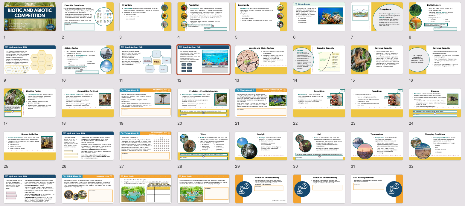 overview of the biotic and abiotic competition lesson with key ecosystem vocabulary and examples