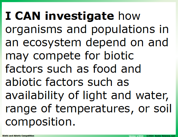I CAN statement and key vocabulary for the biotic and abiotic competition lesson