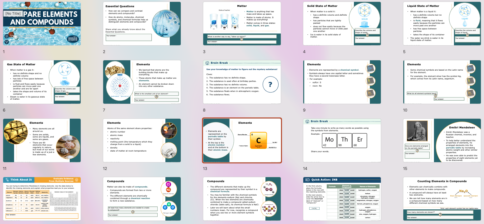 title slide introducing the compare elements and compounds lesson