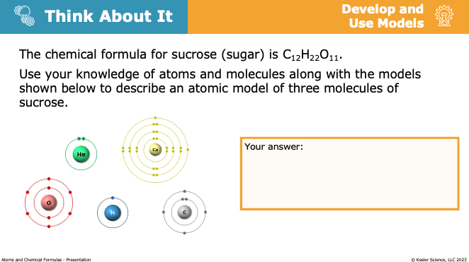 Think About It prompt asking students to model three sucrose molecules using atomic diagrams