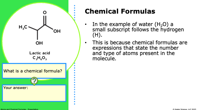 chemical formula explanation using water and lactic acid to show subscripts and atom counts