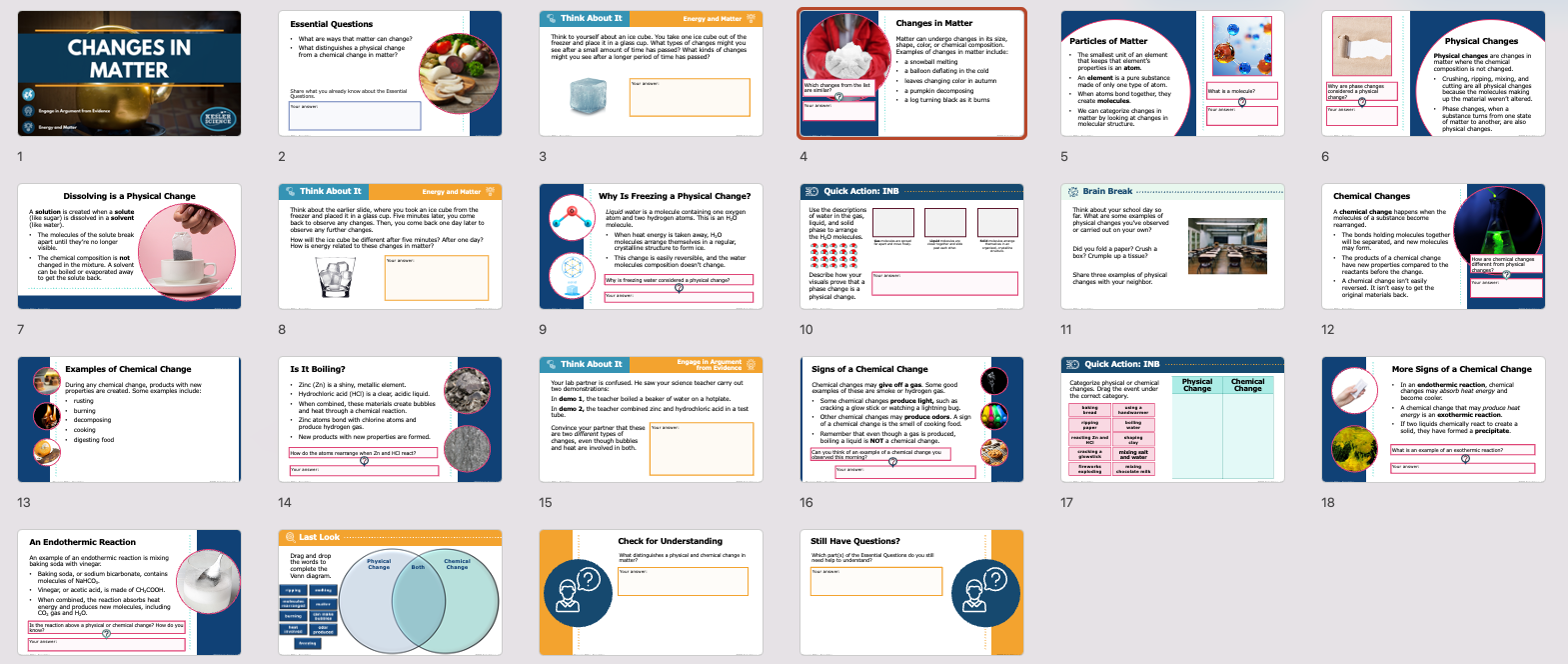 overview of the changes in matter lesson covering physical and chemical changes with examples