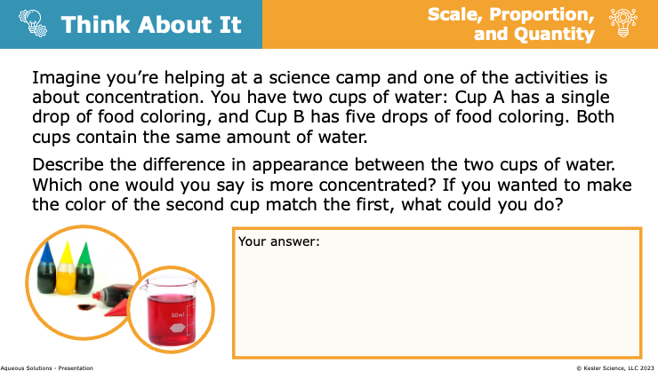 Think About It prompt comparing concentration of food coloring drops in two cups of water
