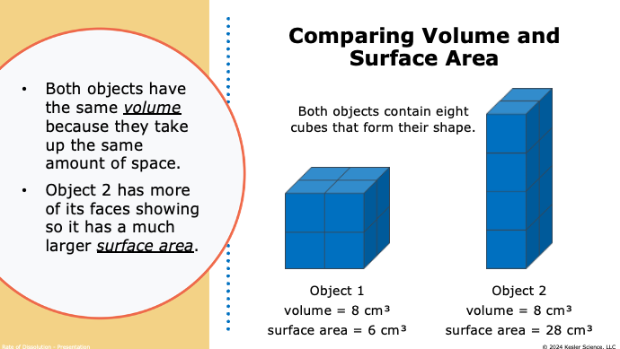 comparing volume and surface area with two block models showing same volume but different surface area