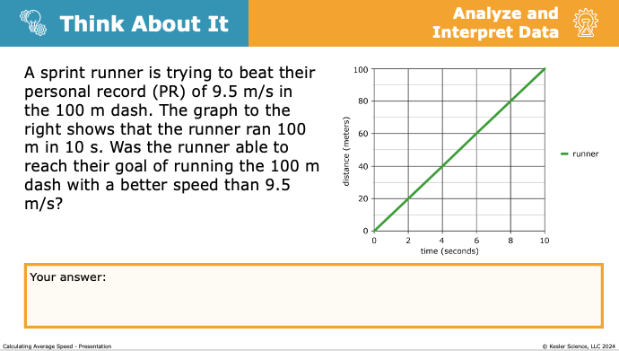 Think About It prompt using a distance-time graph to evaluate a sprinter calculating average speed