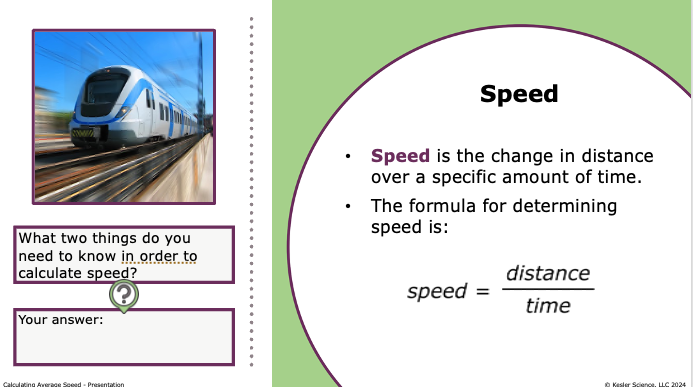 speed defined as distance divided by time with formula and high-speed train example
