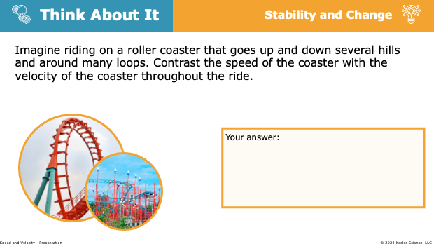 Think About It prompt contrasting speed and velocity on a roller coaster ride