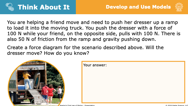think about it activity creating a force diagram of pushing a dresser up a ramp with friction and gravity