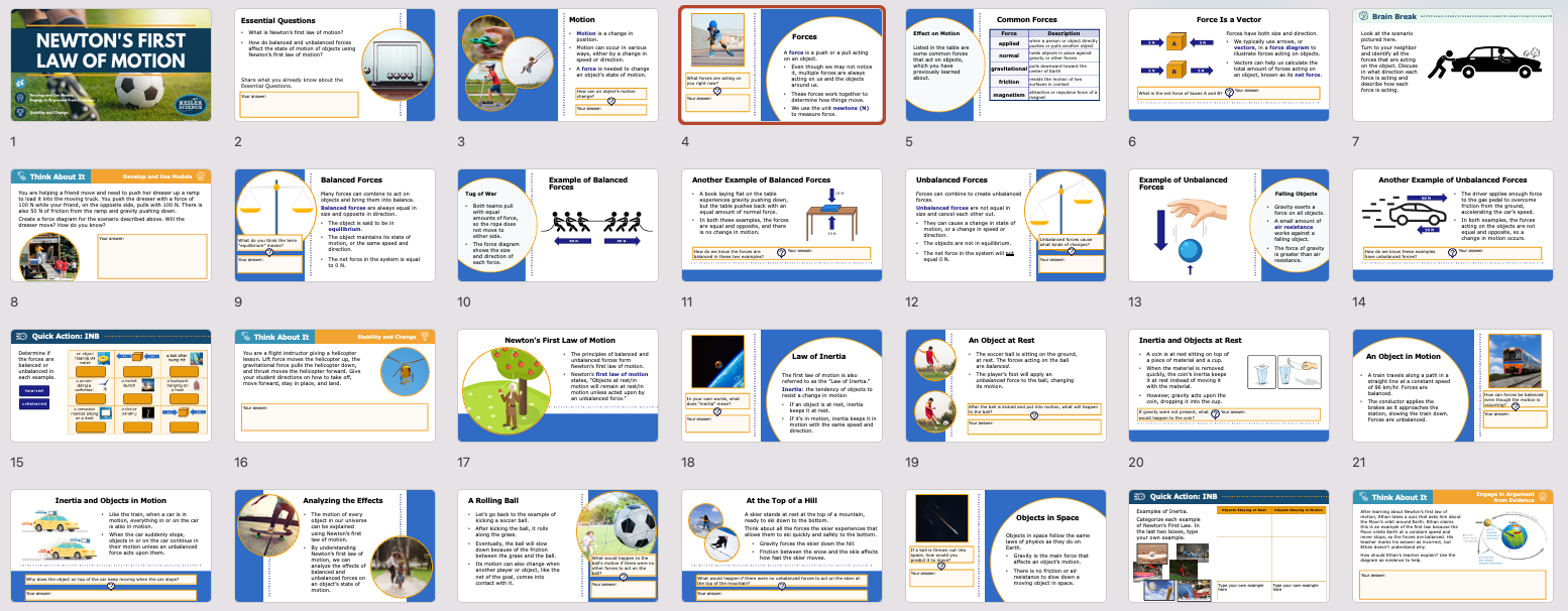 Newtons first law of motion lesson presentation overview with title slide and content slides