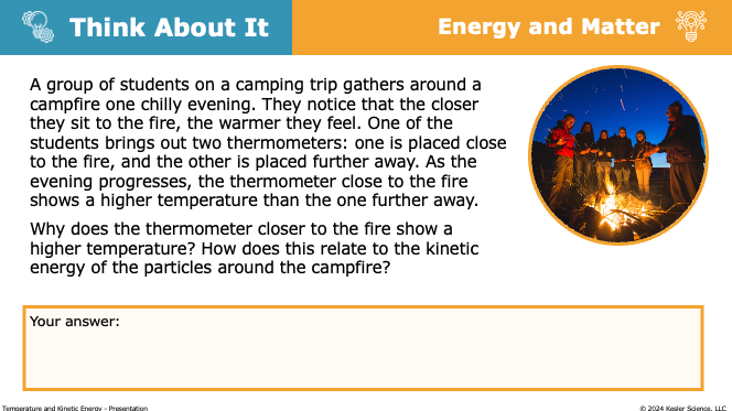 Think About It campfire scenario linking thermometer readings to particle kinetic energy