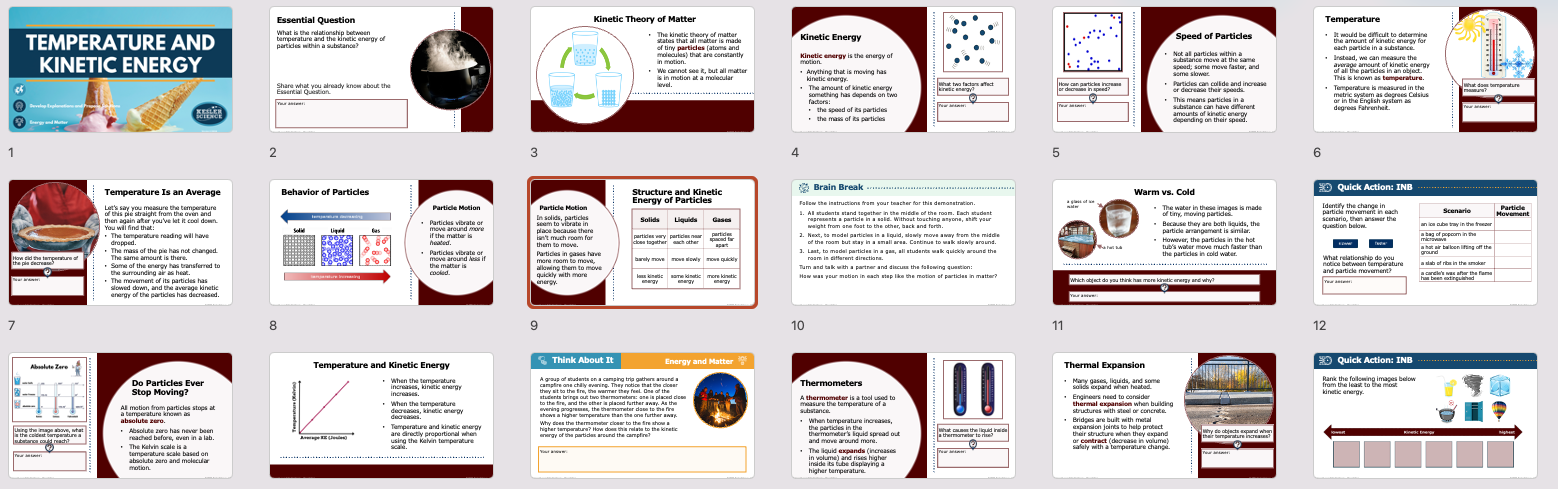 presentation slide overview for the temperature and kinetic energy lesson