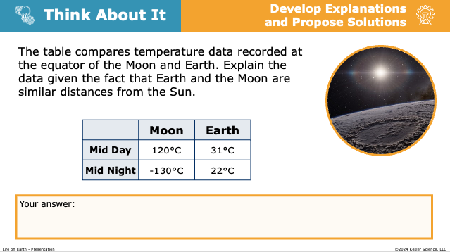 think about it activity comparing temperature data between Moon and Earth at the equator