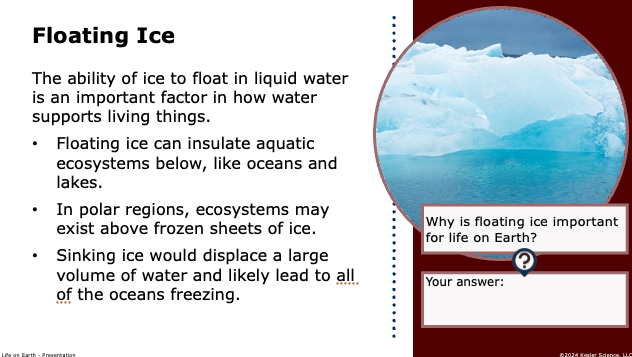 floating ice and how the density of ice supports aquatic ecosystems on Earth
