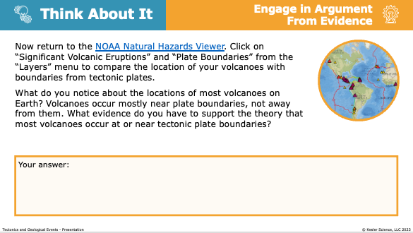Think About It prompt using NOAA Natural Hazards Viewer to map volcanoes near tectonic plate boundaries