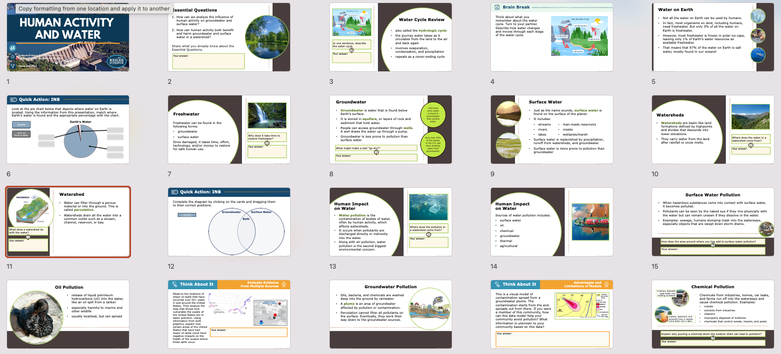 overview of human activity and water lesson slides covering watersheds, pollution, and conservation