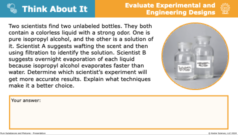 Think About It prompt: evaluate two lab techniques for identifying an isopropyl alcohol solution