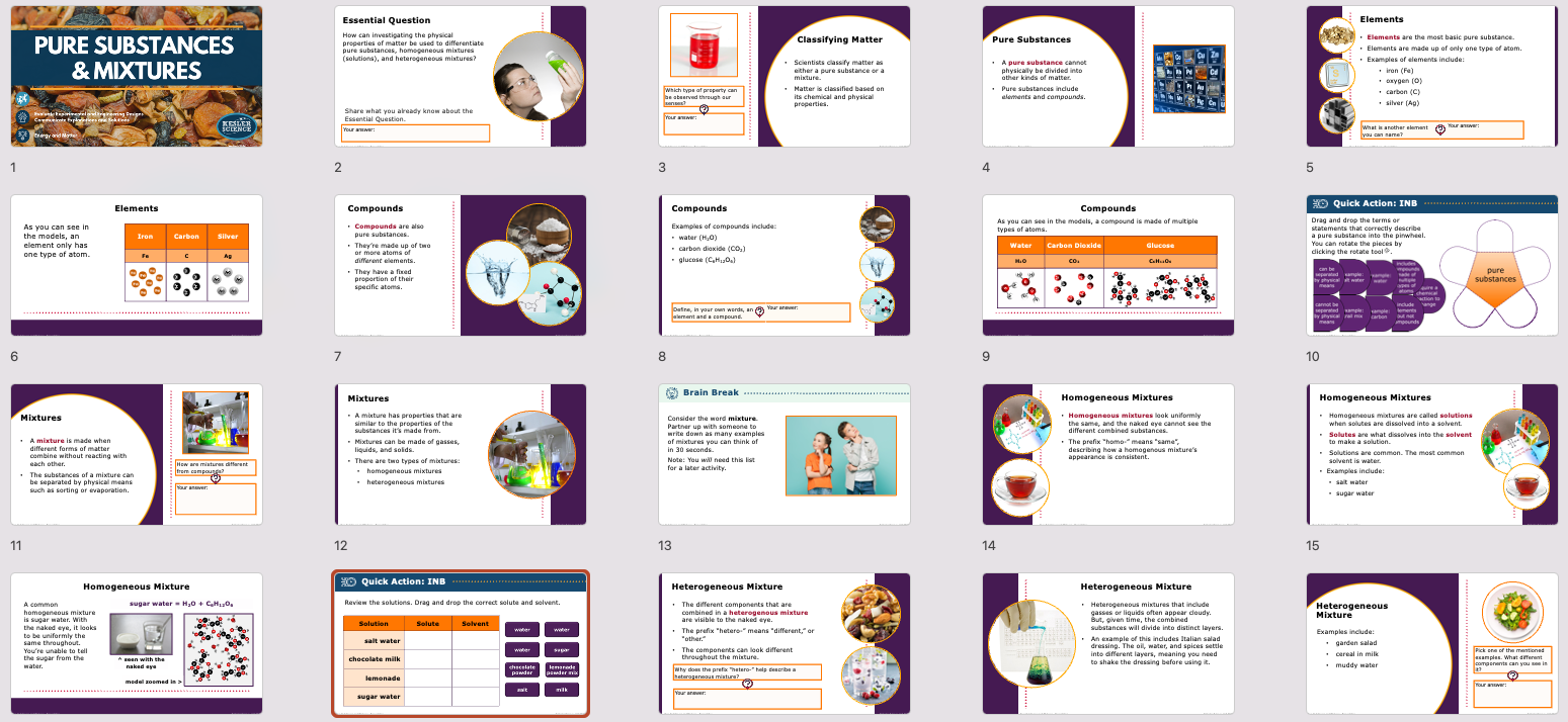 overview of pure substances and mixtures lesson slides covering elements, compounds, and solutions