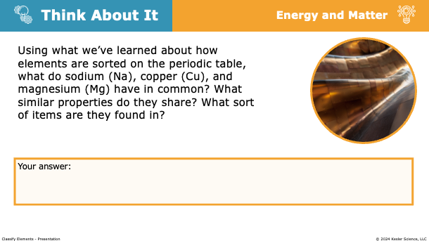 Think About It prompt identifying shared properties of sodium, copper, and magnesium as metals