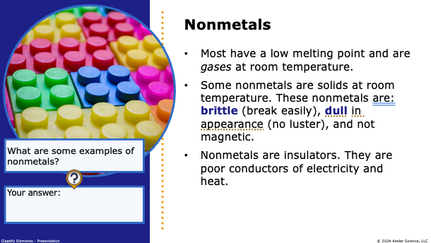 nonmetals defined by properties including brittle, dull, and poor conductors of electricity and heat