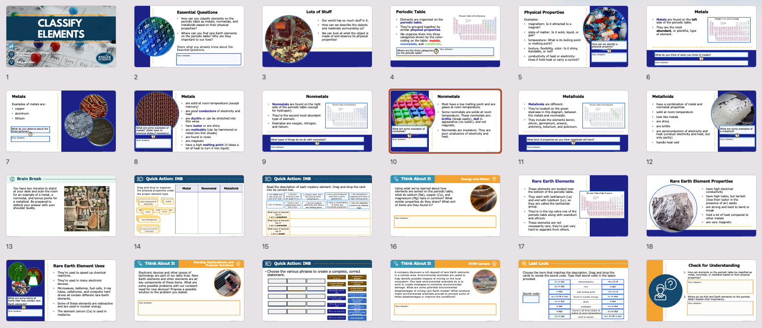 overview of the classify elements lesson covering metals, nonmetals, and metalloids on the periodic table