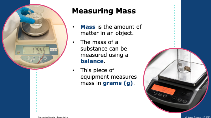 measuring mass with a balance in grams as the amount of matter in an object
